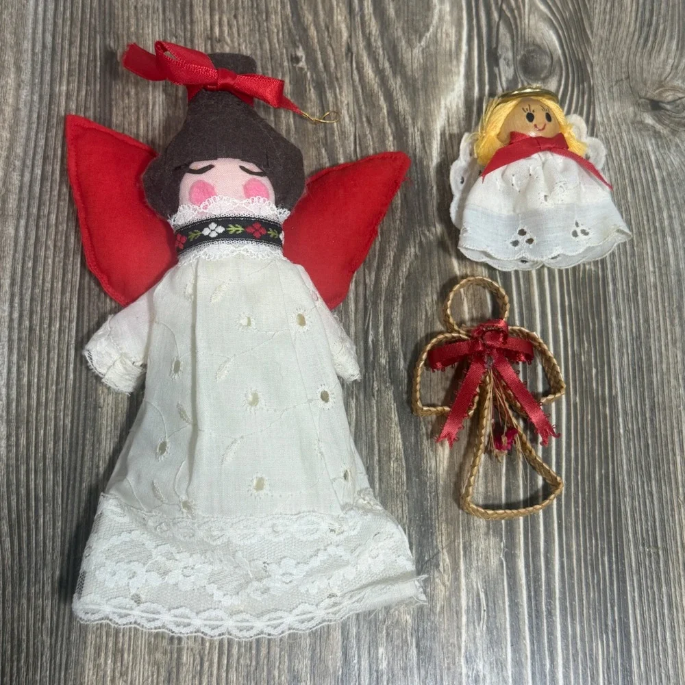 Vintage Angel Ornament Set 3pc Fabric Lace Woven Straw Christmas Folk Art Decor